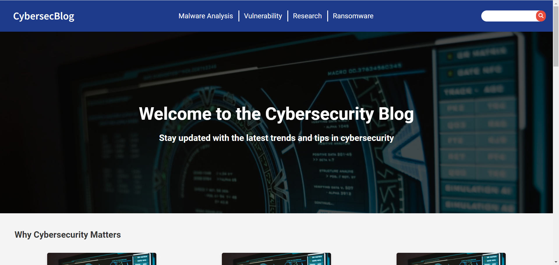 A static website depicting a fictional cyber security blog